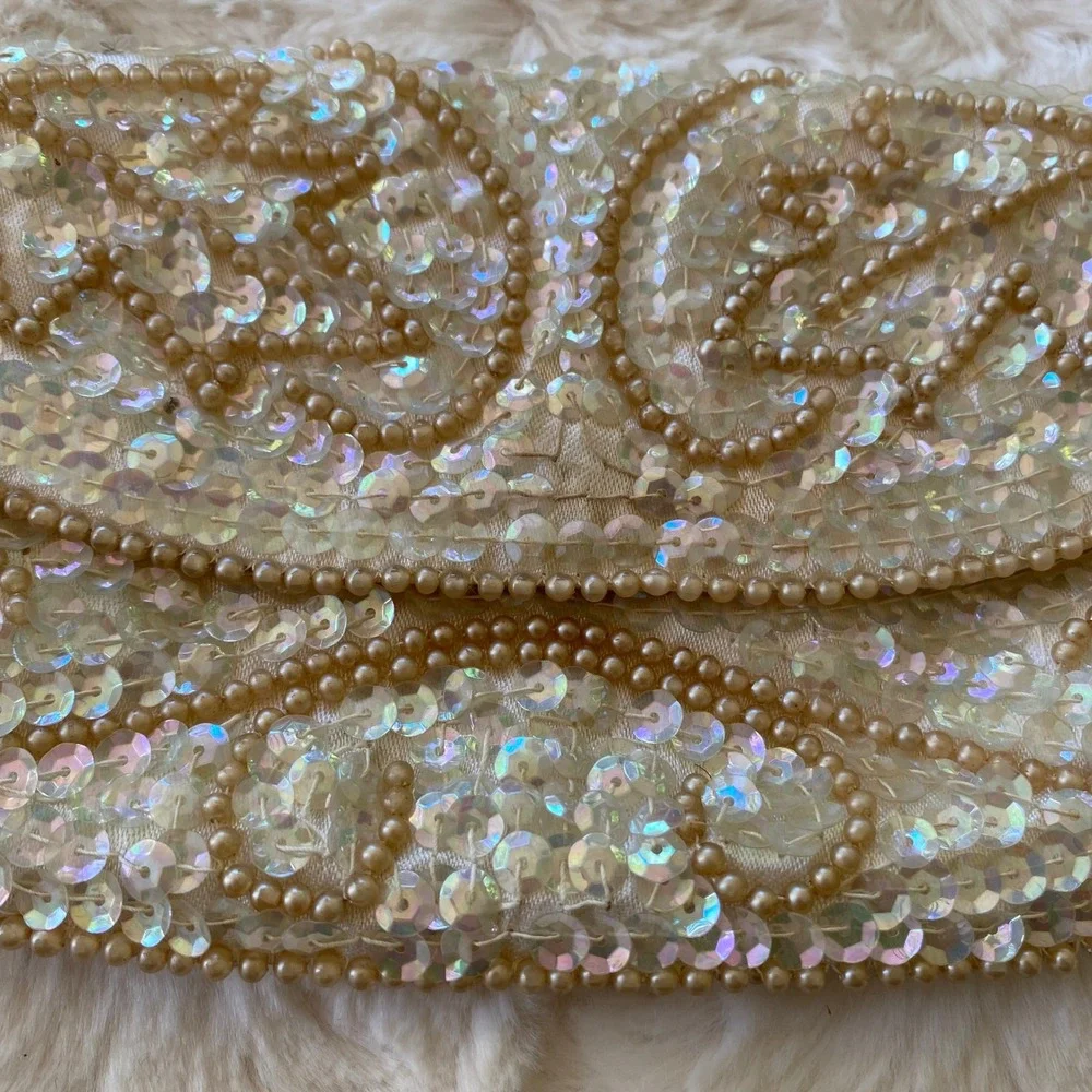 Vintage Miranda Clutch Cream Iridescent Sequin Faux Pearl Beaded Japan Retro